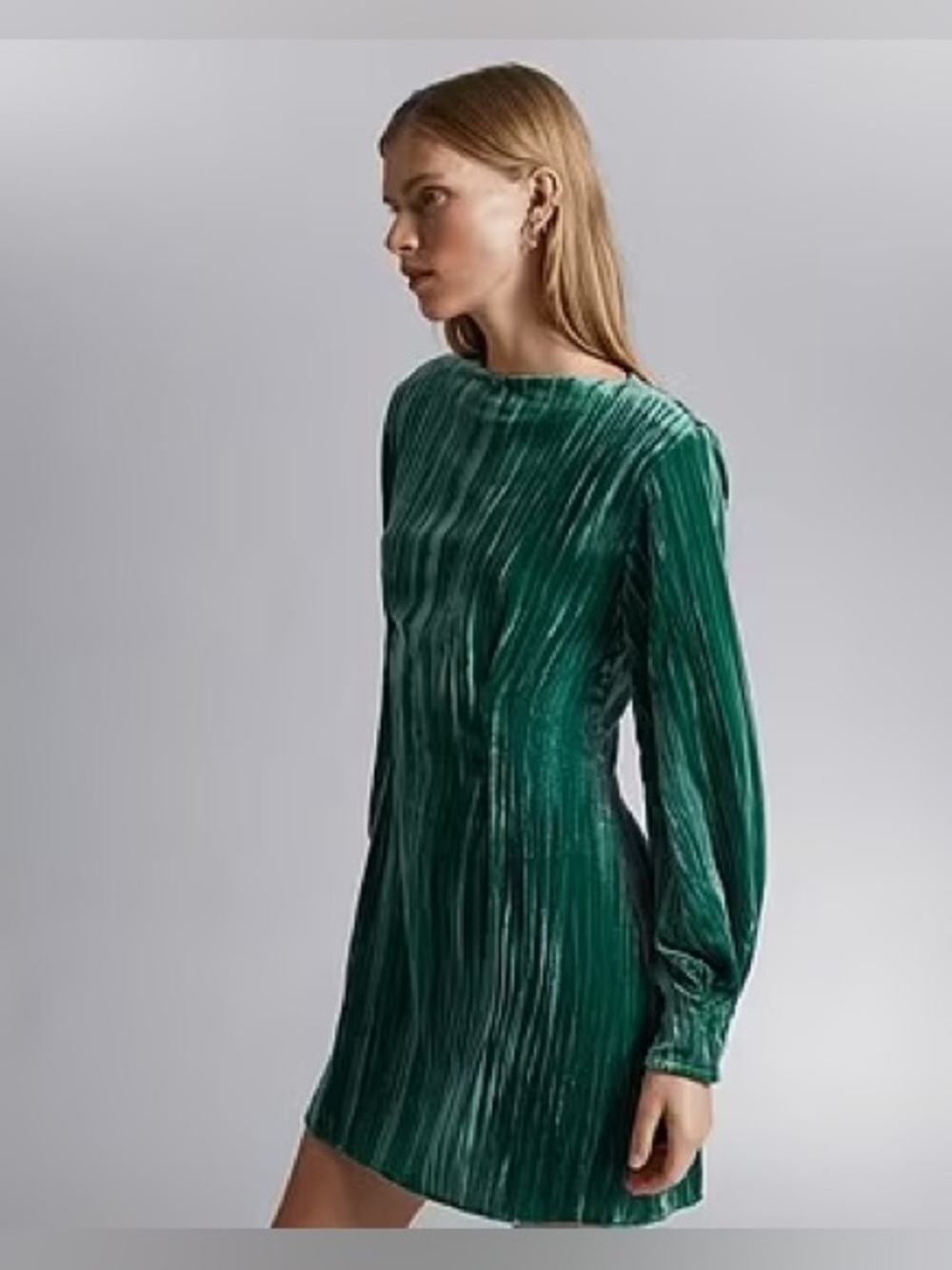 NWT & Other Stories Long Sleeve Crushed Velvet Minidress in Dark Green XS